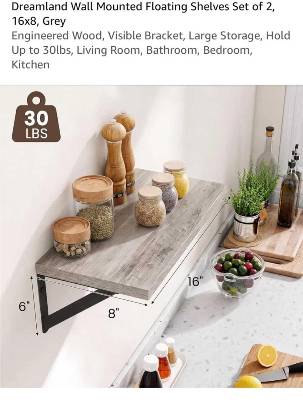 New in Box: Grey Floating Wall Shelves with Black Brackets - Set of 2